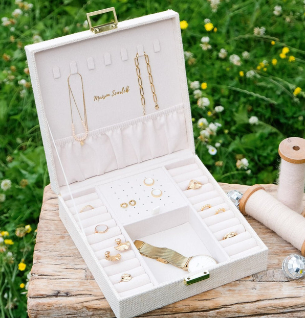 Schmuckbox M Leinen ecru mit Einteilung