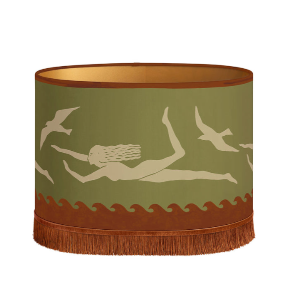 Lampenschirm mit Fransen und Motiv , rund, Khaki/ zimt
